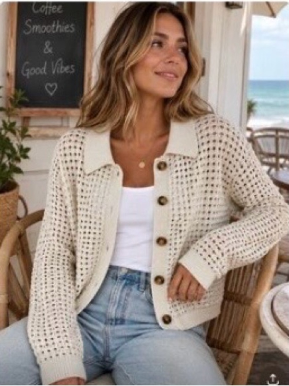 H&M Open-Knit Button Cardigan in Cream